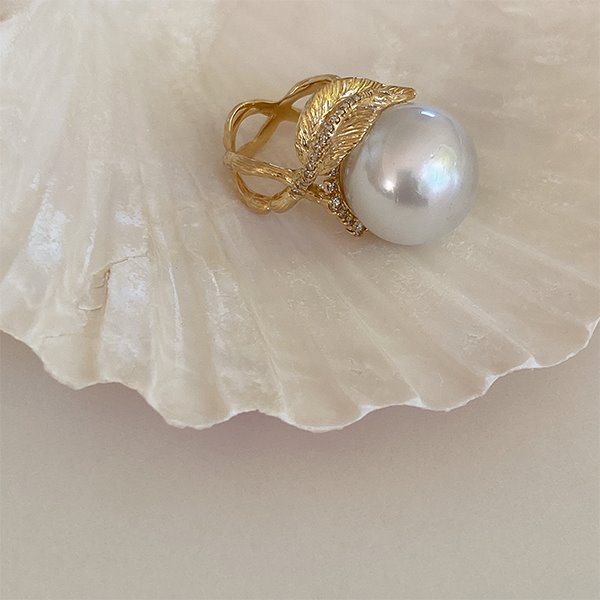 South Sea Pearl, Cognac Diamond Leaf Ring 18K 남양 해수 진주, 꼬냑 다이아몬드 나뭇잎 반지