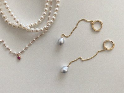 Freshwater Pearl, Cubic Zirconia One Touch Chain Earrings 18K 담수 진주, 큐빅 원터치 체인 귀걸이