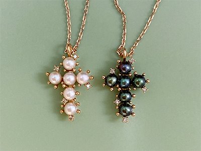 Cognac Diamond, Freshwater Pearl Cross Madi Necklace 18K 꼬냑 다이아몬드, 담수 진주 십자가 마디 목걸이 (색상 선택)